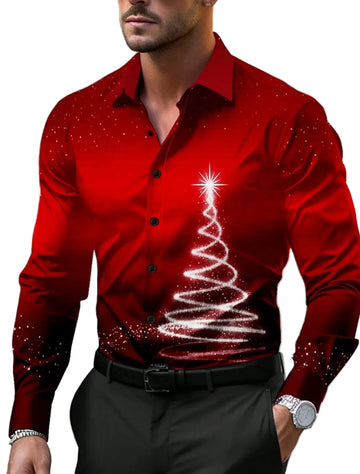 Men’s Christmas shirt with Christmas trees and snowflake gradient print, long sleeve festive button-up for holiday fashion