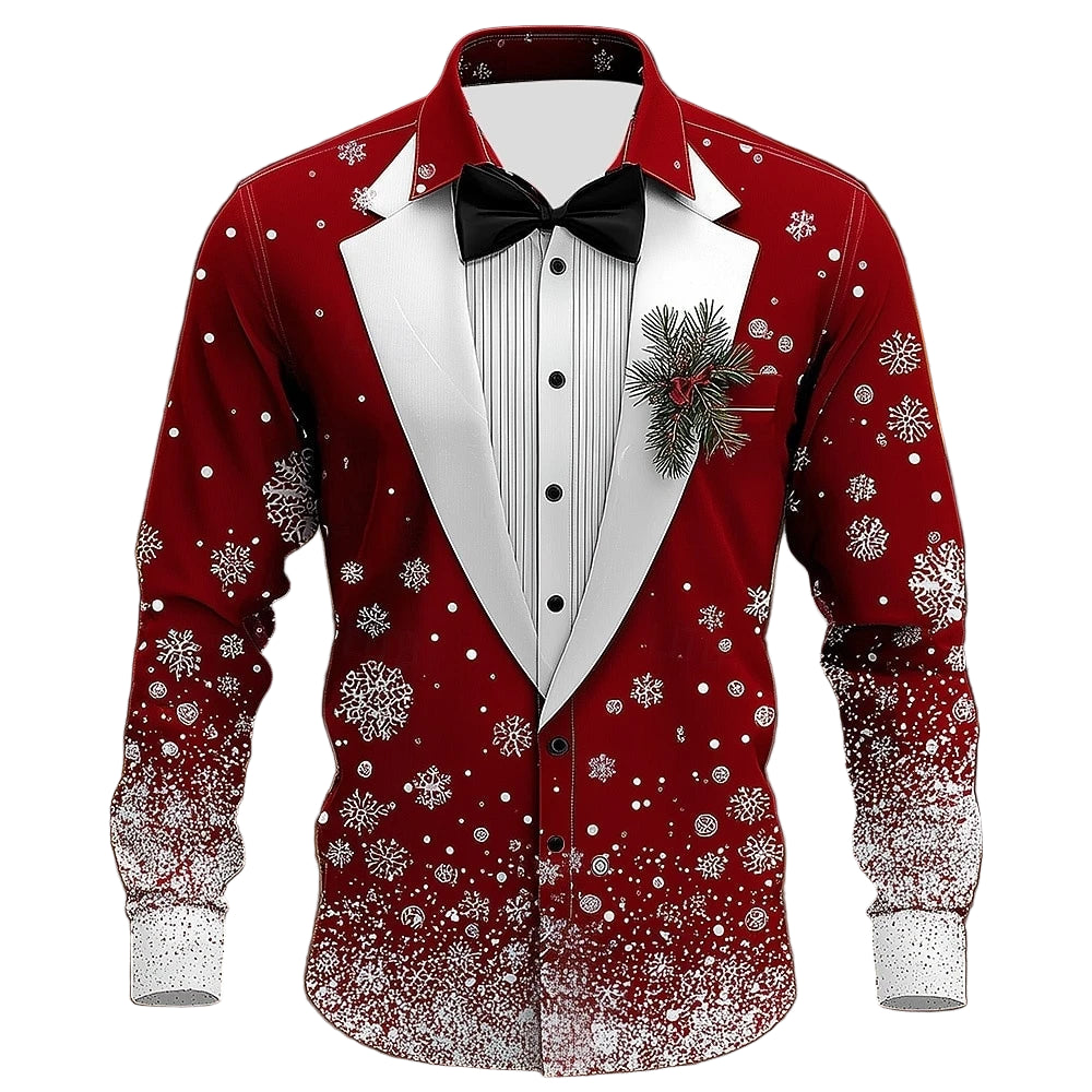 Men’s Christmas snowflake formal shirt with 3D printed tie design, elegant tuxedo-style festive shirt for parties and weddings.