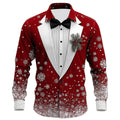 Men’s Christmas snowflake formal shirt with 3D printed tie design, elegant tuxedo-style festive shirt for parties and weddings.