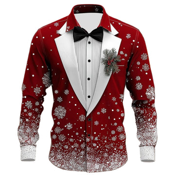 Men’s Christmas snowflake formal shirt with 3D printed tie design, elegant tuxedo-style festive shirt for parties and weddings.