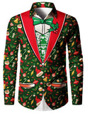 Men’s Christmas tailcoat print long-sleeve shirt featuring festive graphics and a fake suit design, perfect for holiday parties and seasonal outfits.