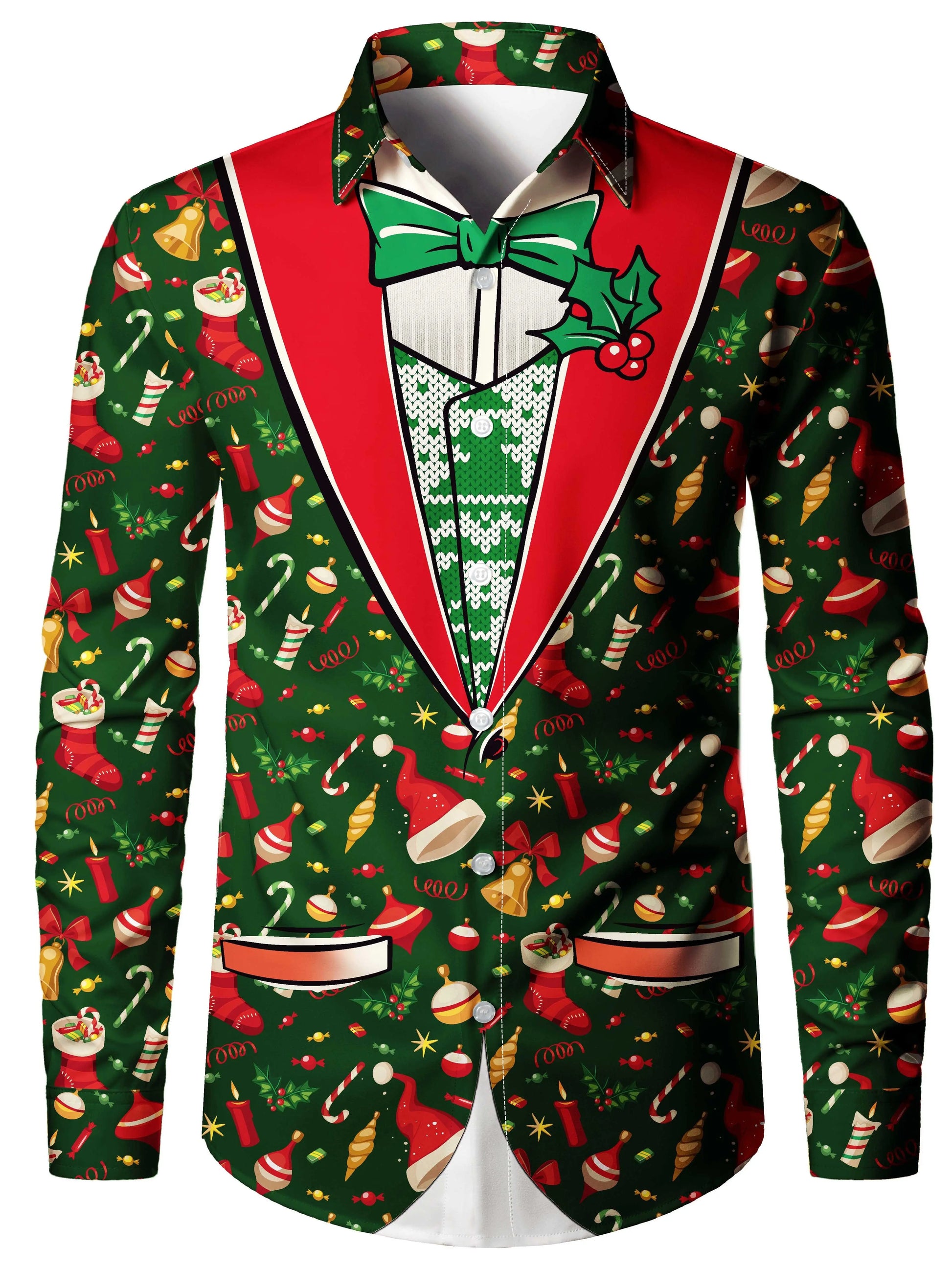Men’s Christmas tailcoat print long-sleeve shirt featuring festive graphics and a fake suit design, perfect for holiday parties and seasonal outfits.