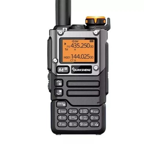Quansheng UV‑K5(8) dual‑band ham radio front view showing keypad, LCD screen, antenna and USB‑C charging port.