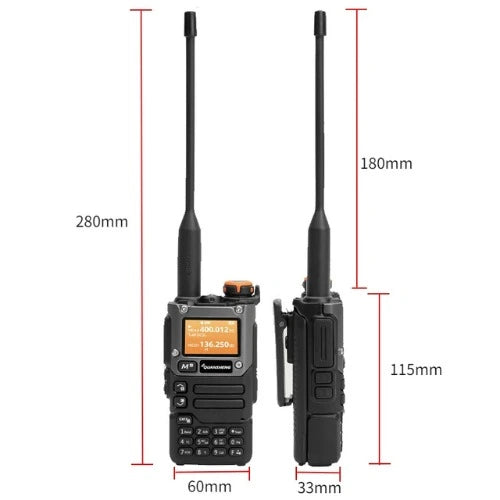 Quansheng UV‑K5(8) dual‑band ham radio front view showing keypad, LCD screen, antenna and USB‑C charging port.