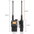 Two walkie talkies with dimensions labeled on a white background
