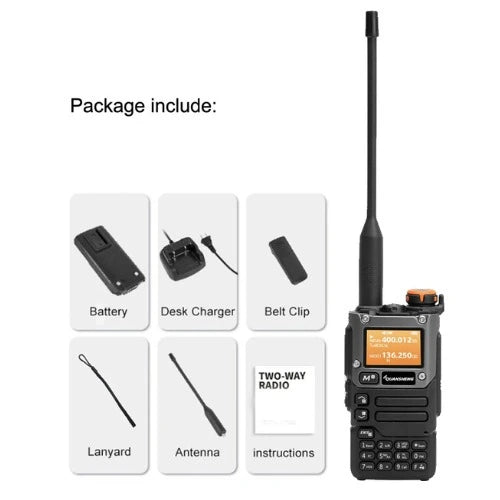 Two-way radio with included accessories on a white background