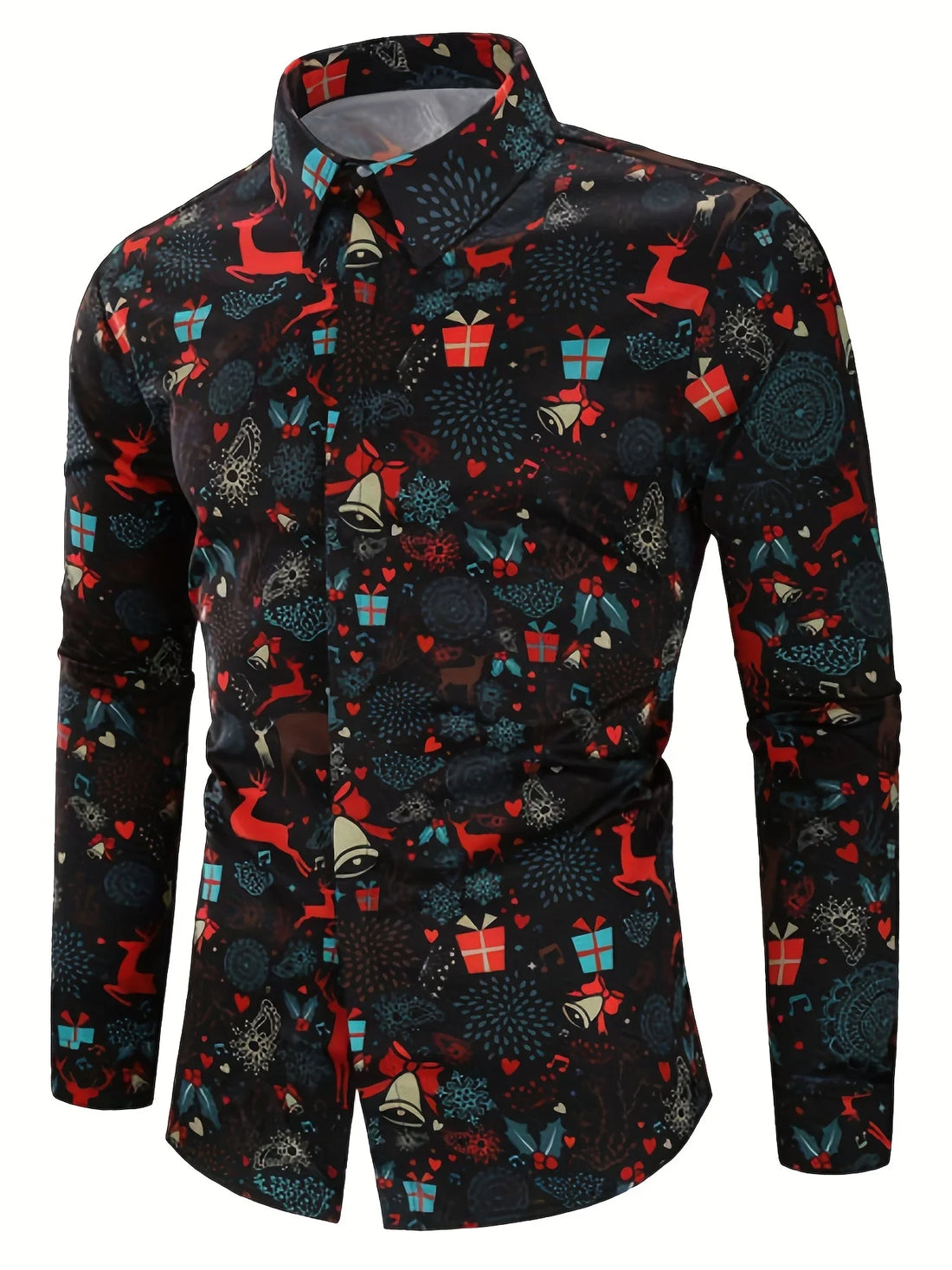 Men’s Christmas elk graphic print long-sleeve formal shirt in festive holiday design for men