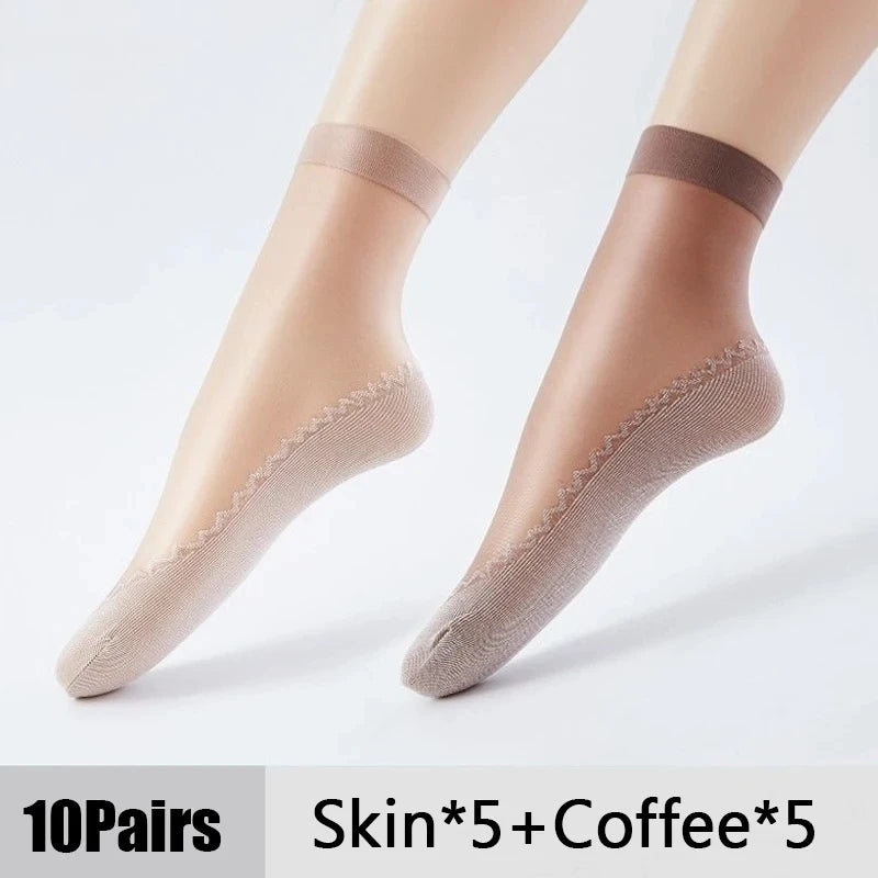 1/10Pairs Womens Anti-Slip Cotton Sock Thin Socks Casual Non-Slip Bottom Splice Spring-Autumn Transparent Ladies Breathable Sock 5Skin 5Coffee One Size