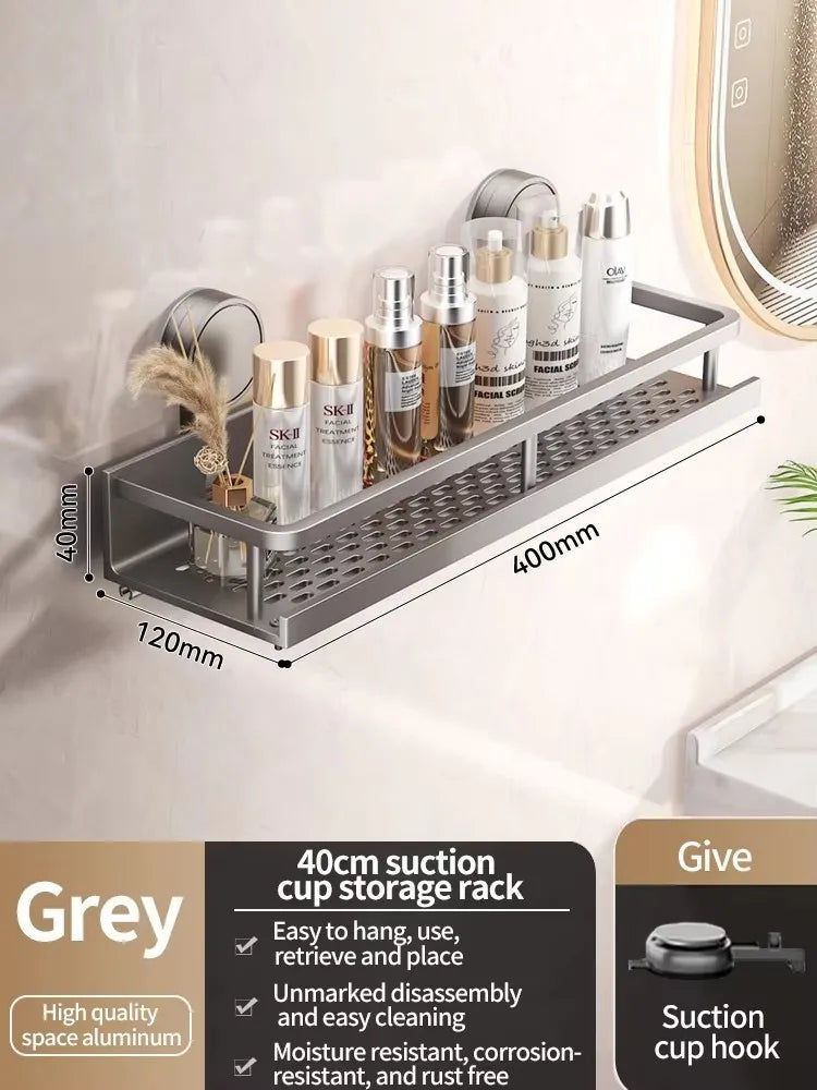Aluminium Suction Cup Bathroom Shelf with Drainage Base grey layer 40cm-Y3