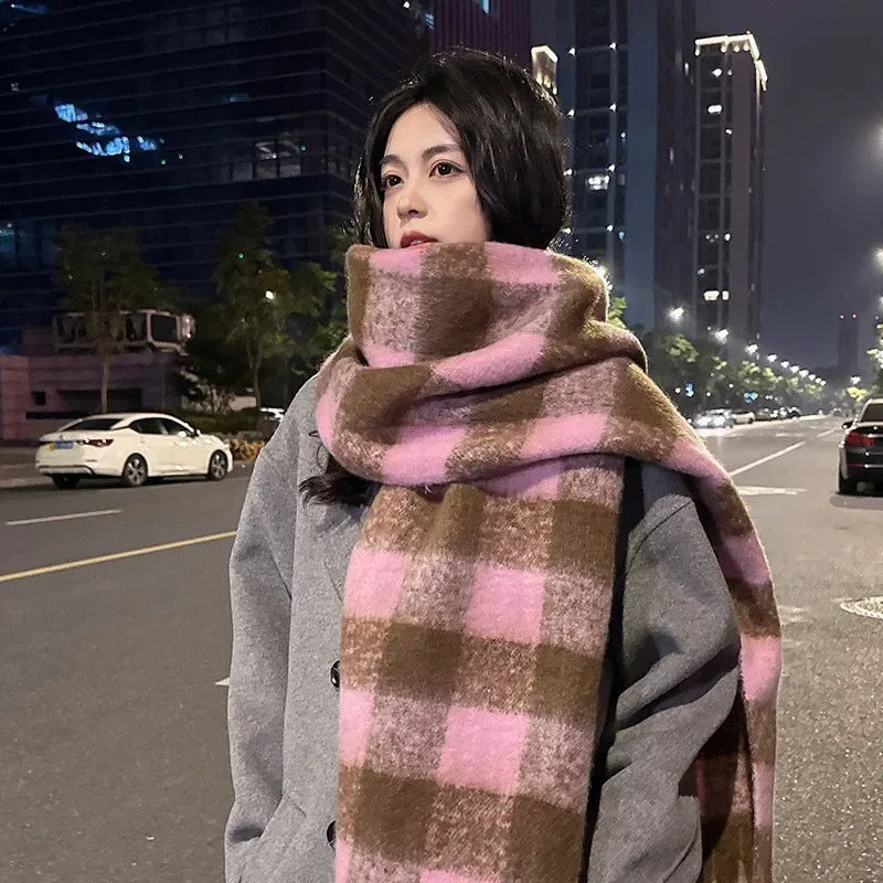 Women's Cashmere Winter Scarf – Thick Knitted Warm Shawl Large Plaid [pink]]