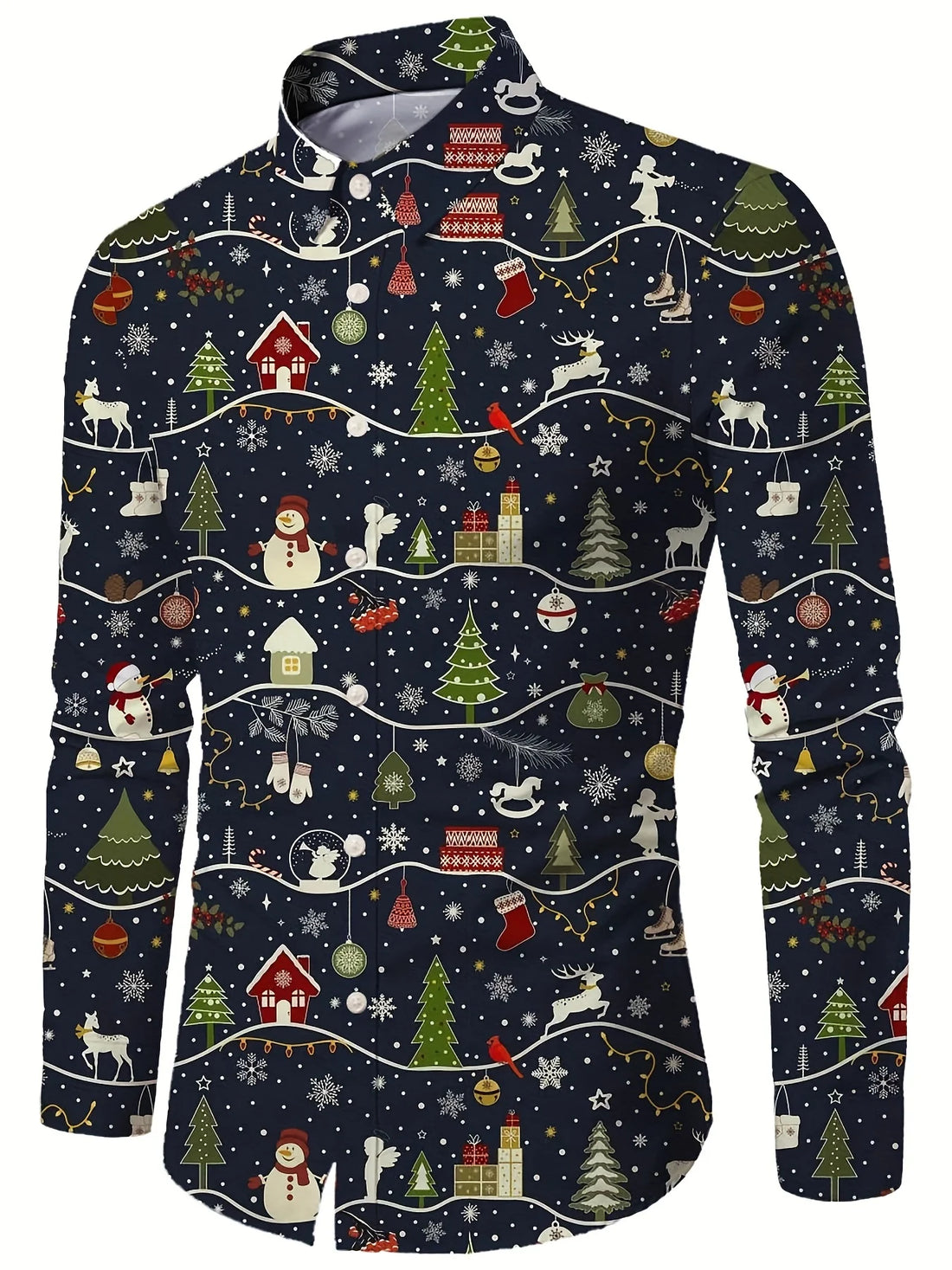 Men’s Christmas elk graphic print long-sleeve formal shirt in festive holiday design for men