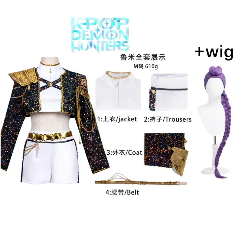 Black & Gold KPop Demon Hunter Cosplay Costume Set Rumi Costume Wig