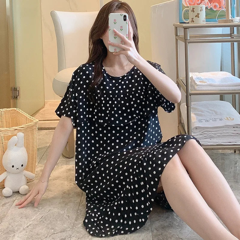 Sexy Nightwear Women Icy Floral Pattern Women Pajamas Dress Butterfly Print Student Sleepwear O- Neck Lace Mid-Length Nightgown Black Average(45-72.5kg)
