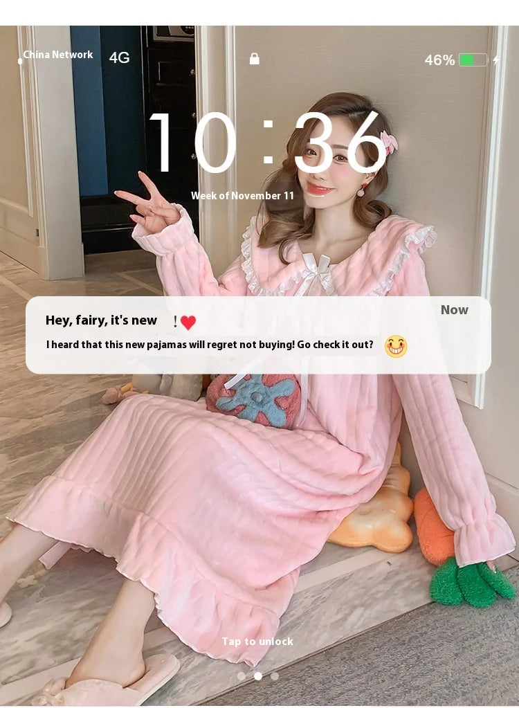 Womens Nightwear Nightdress Flannel Thickened Solid Colour Nightgown Doll Collar Student Warm Coral Velvet Ruffle Dress Robes Se