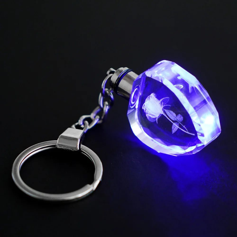 Fashion Colorful Fairy Rose Flower Pattern Love Shape Crystal Rhinestone LED Light keychain Lover Key Chain Keyring Jewelry