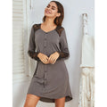 Women's Long-Sleeve Nightgown for Autumn & Winter Pullover Version Lace Panel Craft Fake Placket Decoration Loungewear dark gray