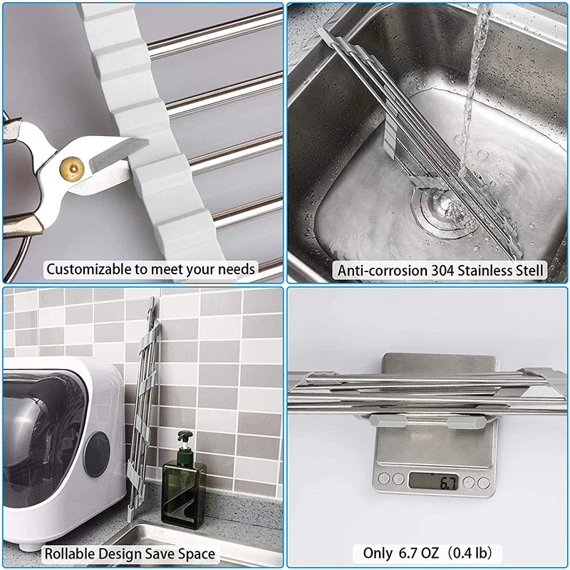 Roll-Up Corner Sink Rack for Draining and Kitchen Storage