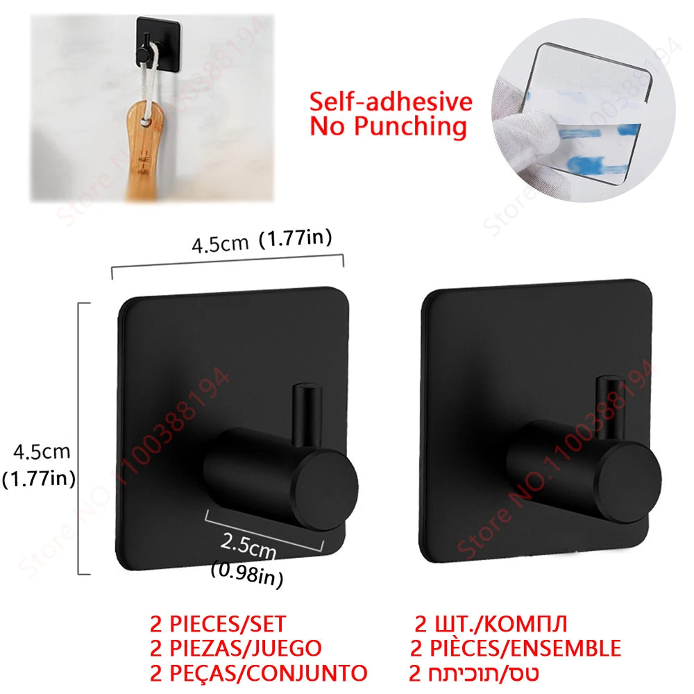 Stainless Steel Wall Mounted Toilet Roll Holder and Hooks Hook black 2PCS Set