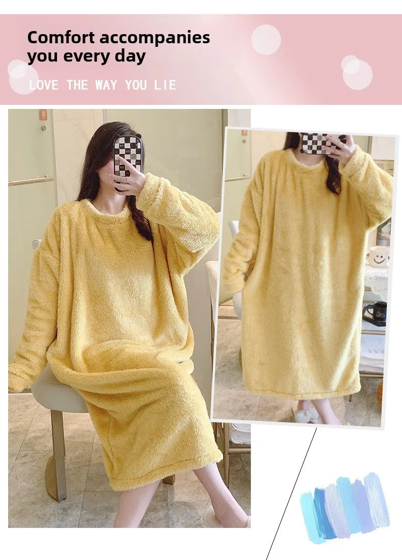 Warm Fleece Nightgown Women's Loose Comfortable Home Clothes plus Size Solid Color Simple Design Sleepwear Casual Outerwear