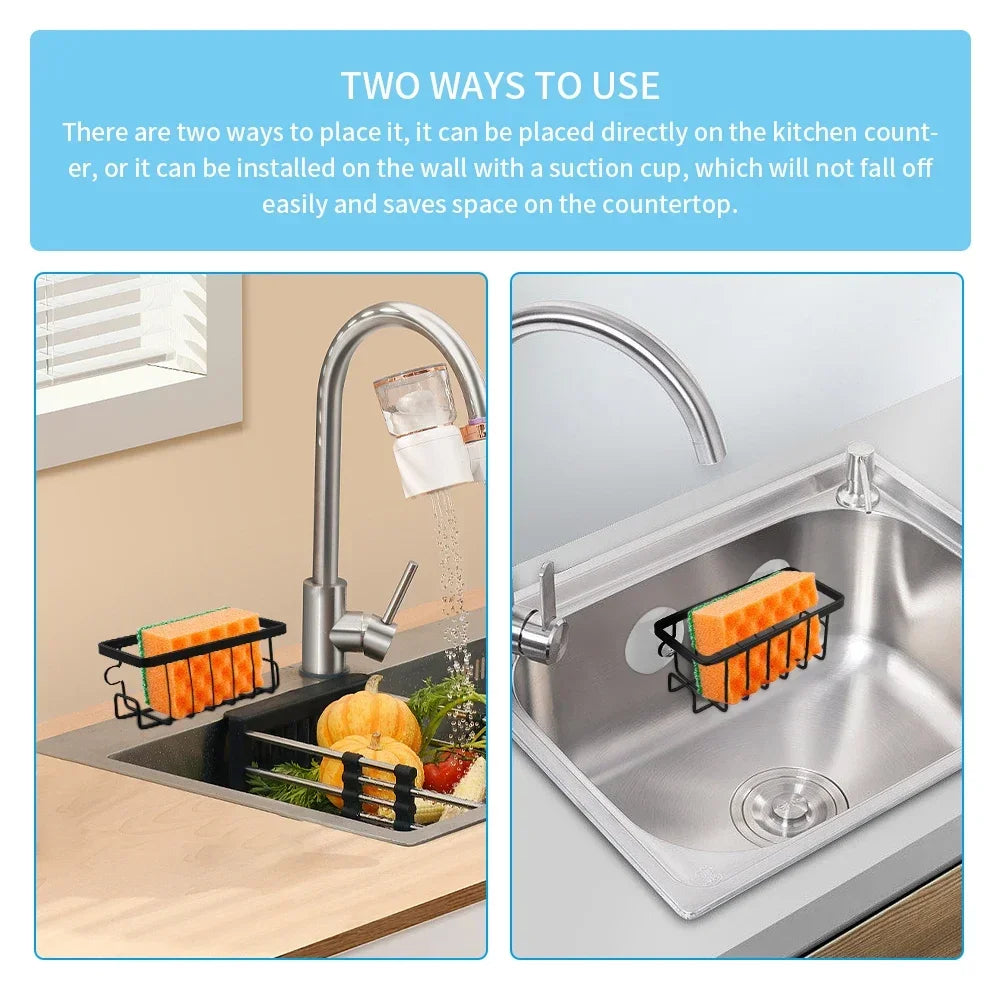 Home With Hook Draining Durable Soap Black Kitchen Sink Scrubber Countertop Sponge Holder Hollowed Suction Cup Caddy Organizer