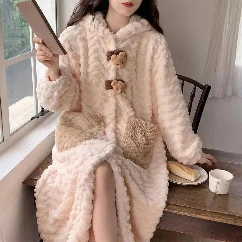 Women's Plush Hooded Pajama Dress Thickened Fleece Long Sleeve Nightgown Robe Winter Loungewear Home Bathroom Robe No Pants