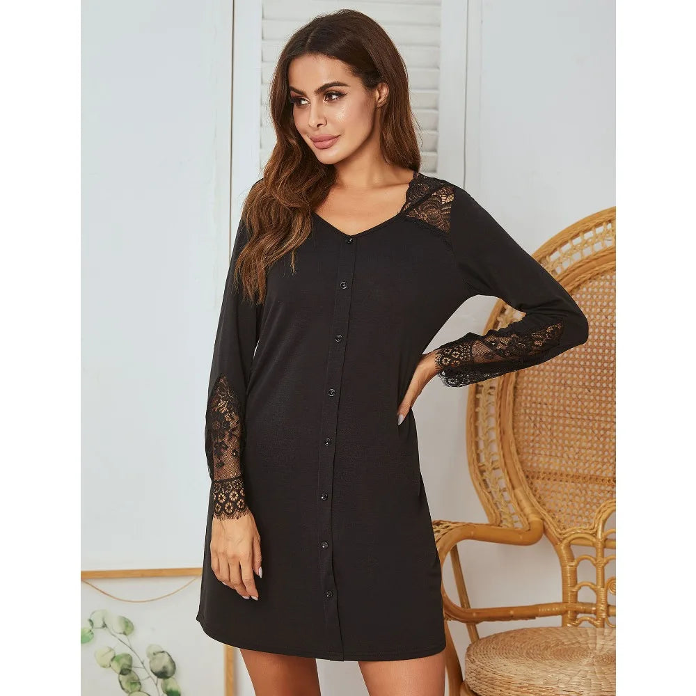 Women's Long-Sleeve Nightgown for Autumn & Winter Pullover Version Lace Panel Craft Fake Placket Decoration Loungewear black