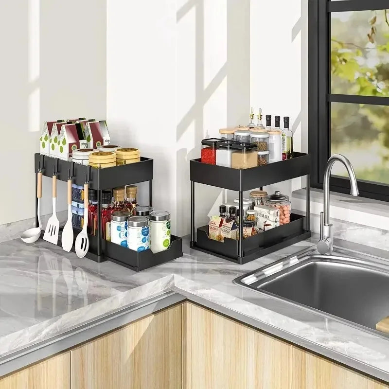 2-Tier Sliding Under Sink Organizer Pull Out Cabinet Storage Basket with Hooks Hanging Cup Kitchen Bathroom Space Saving Rack