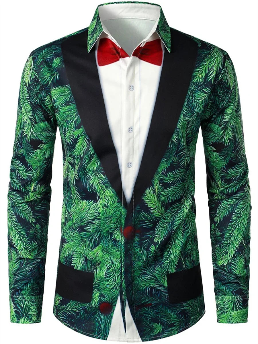 Men’s Christmas Muscle Suit Shirt – 3D Funny Christmas Tree Print, Soft & Comfortable Holiday Casual Shirt (2025 Edition) YCZHK2024091RH
