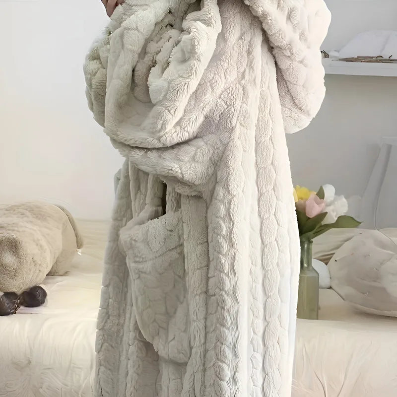 Women's Plush Hooded Pajama Dress Thickened Fleece Long Sleeve Nightgown Robe Winter Loungewear Home Bathroom Robe No Pants