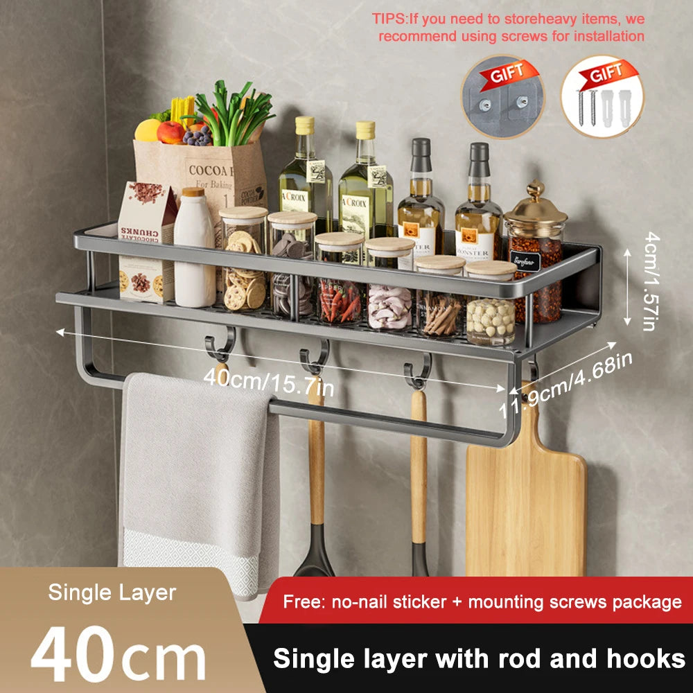 Wall-Mounted Kitchen Spice Rack Organizer Carbon Steel No Drilling 12-20 Inch Seasoning Holder Shelf for Easy Access to Spices 40cm with rod