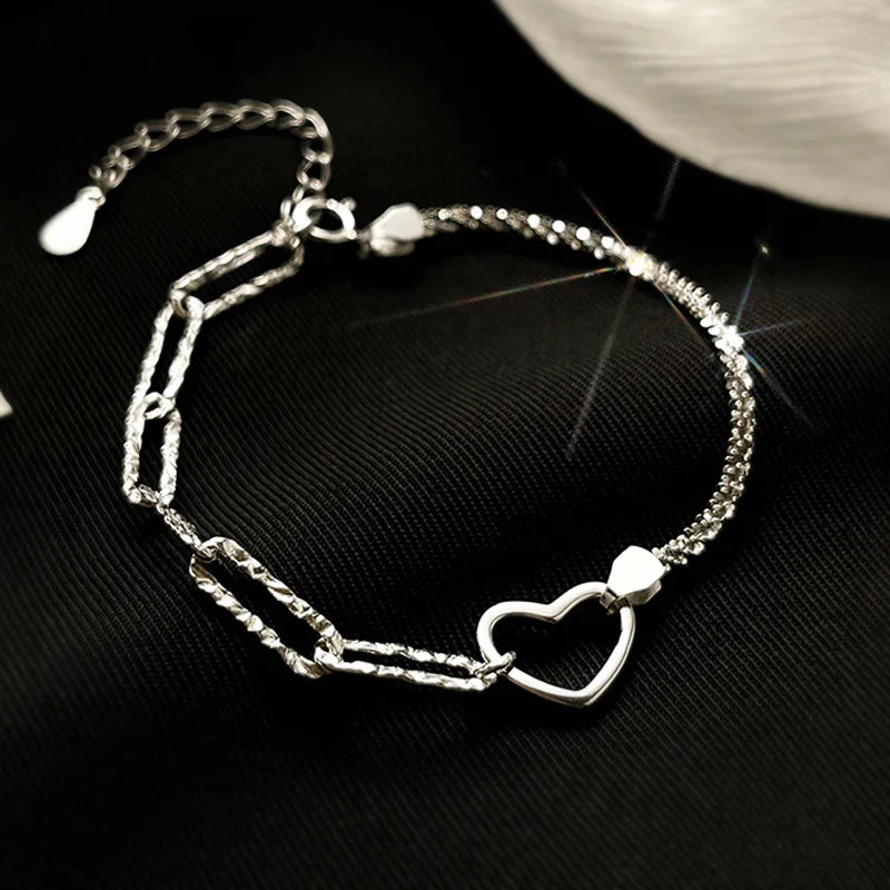 VENTFILLE 925 Sterling Silver Double Love Heart Hollow Round Beads Bracelet Female Fashion Romantic Jewelry Classic Adjustable BTSP257
