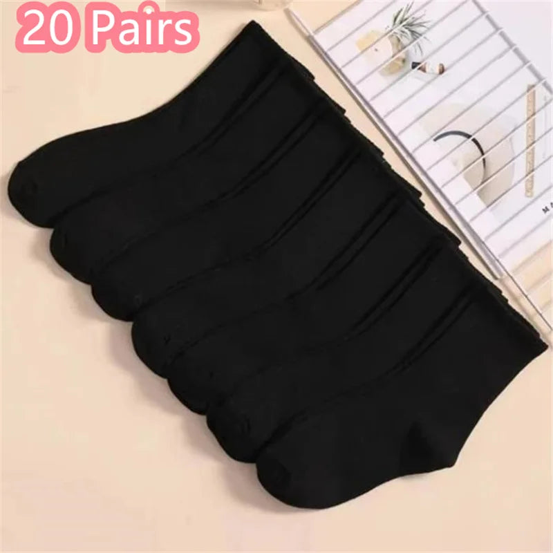 1/7/10/20 Pairs Mid Length Socks Women Classic Black White Solid Color Fashionable Casual Sports Absorbing Breathable Men Socks 20 Pair-2