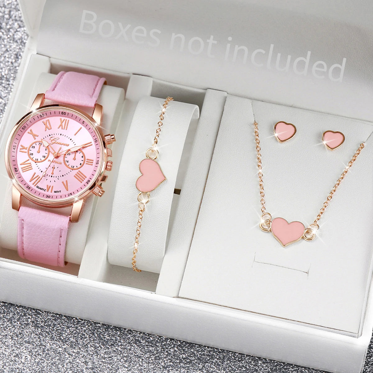 5/6PCS Fashion Women's Quartz Watch Leather Band Analog Wrist Watches Heart Rhinestone Jewelry Set(Without Box) F Without Box