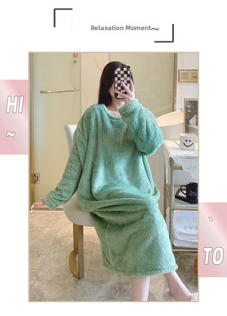 Warm Fleece Nightgown Women's Loose Comfortable Home Clothes plus Size Solid Color Simple Design Sleepwear Casual Outerwear
