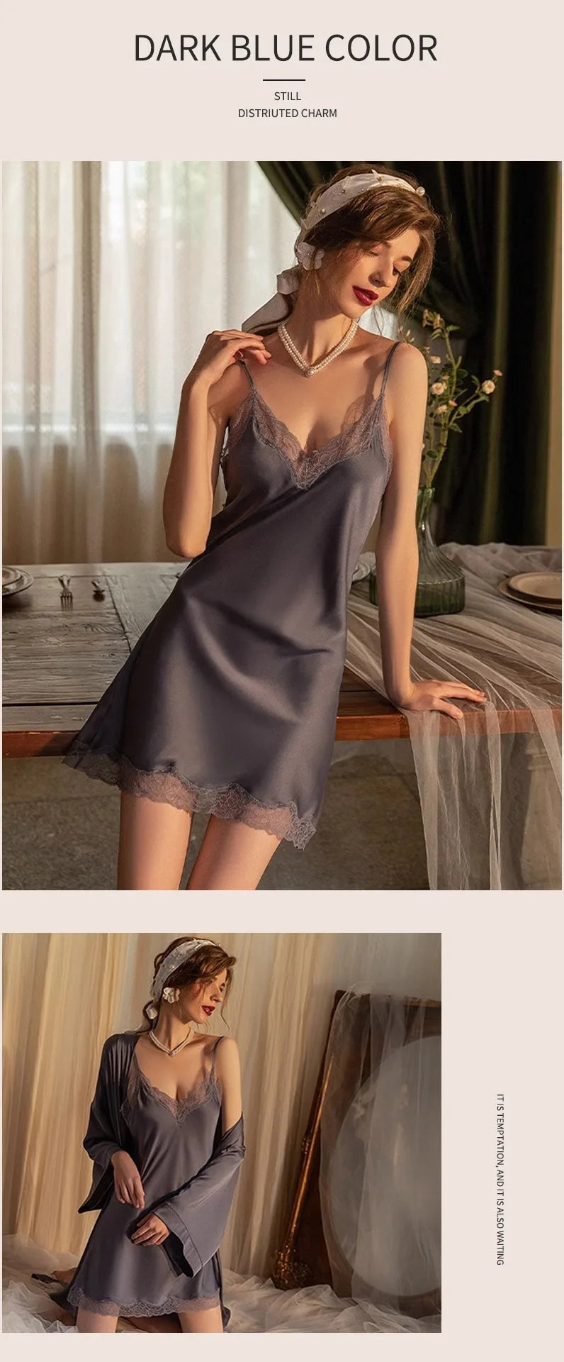 2025 Women's Lace Chemise Nightdress with Chest Pads, Ice Silk Suspender Nightgown for Autumn Winter