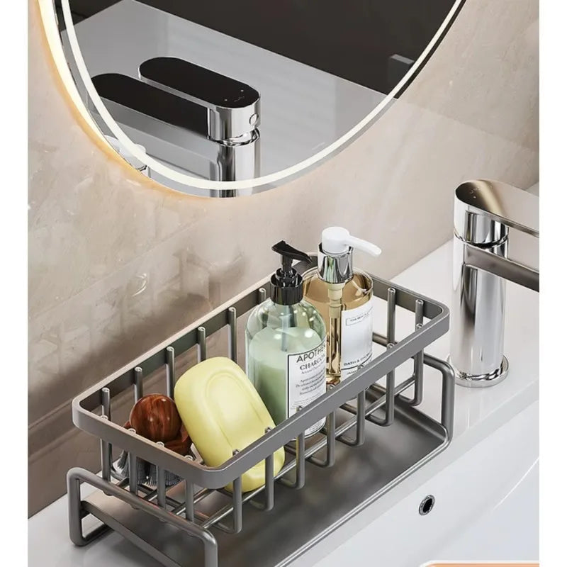 Stainless Steel Sink Organizer Drain Rack with Soap Sponge Holder Multi Layer Filter Basket Kitchen Storage Kitchen Organizer Grey No towel bar