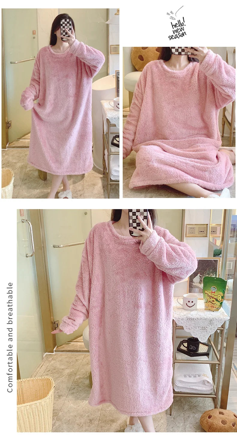 Warm Fleece Nightgown Women's Loose Comfortable Home Clothes plus Size Solid Color Simple Design Sleepwear Casual Outerwear