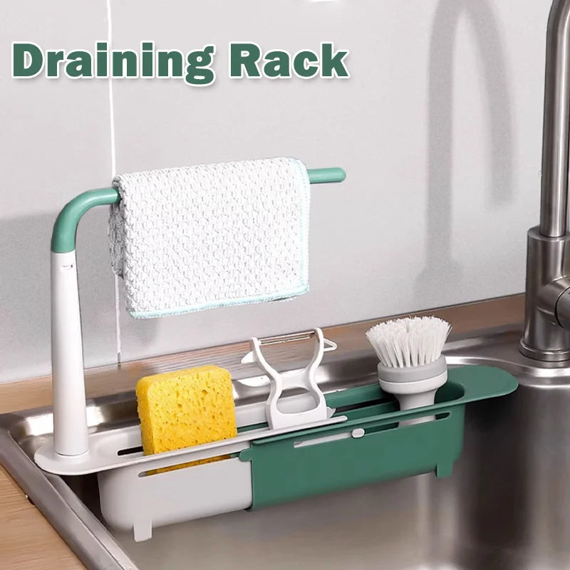 Telescopic Sink Organiser with Basket and Dishcloth Rail