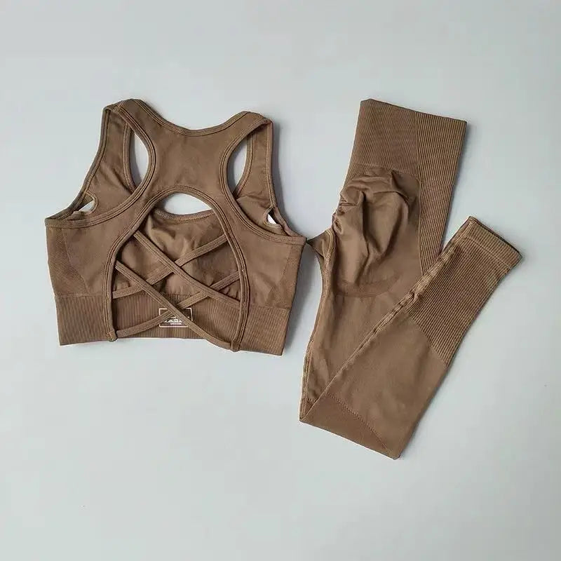 2PCS Sports Bra Women's Set Professional Fitness Tank Top Bra Shockproof Running Leggings Yoga Suit Beautiful Back Bra Clothing Coffee China Mainland