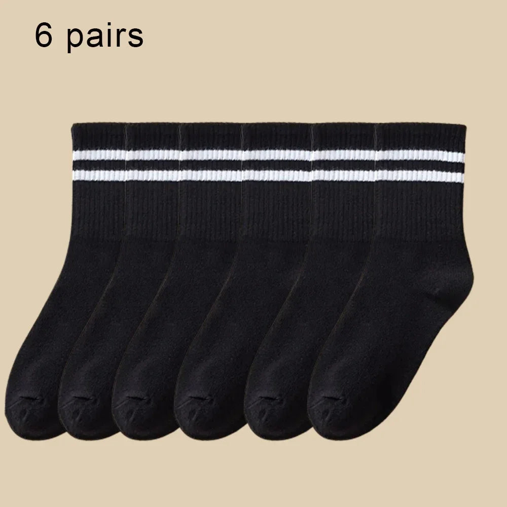 1/6 Pairs Women Mid-Tube Socks Solid Colour Autumn Winter Breathable Comfortable Sport Sweat Absorbent Man And Women's Socks 6 Pairs Black A One Size