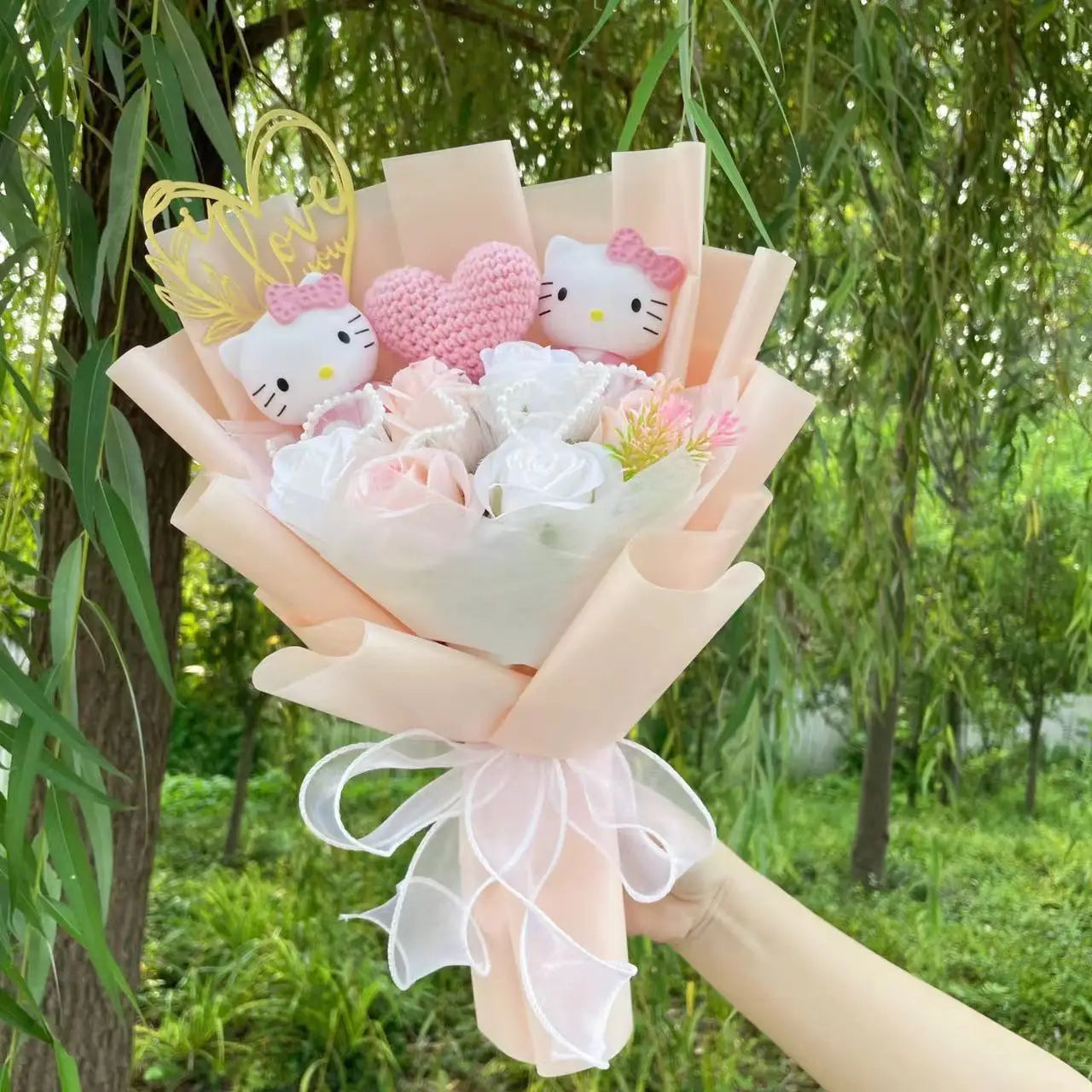 Kawaii Hello Kitty Cat Dolls With Artificial Flowers Creative Bouquet Christmas Valentine Birthday Graduation Gifts 30-35cm
