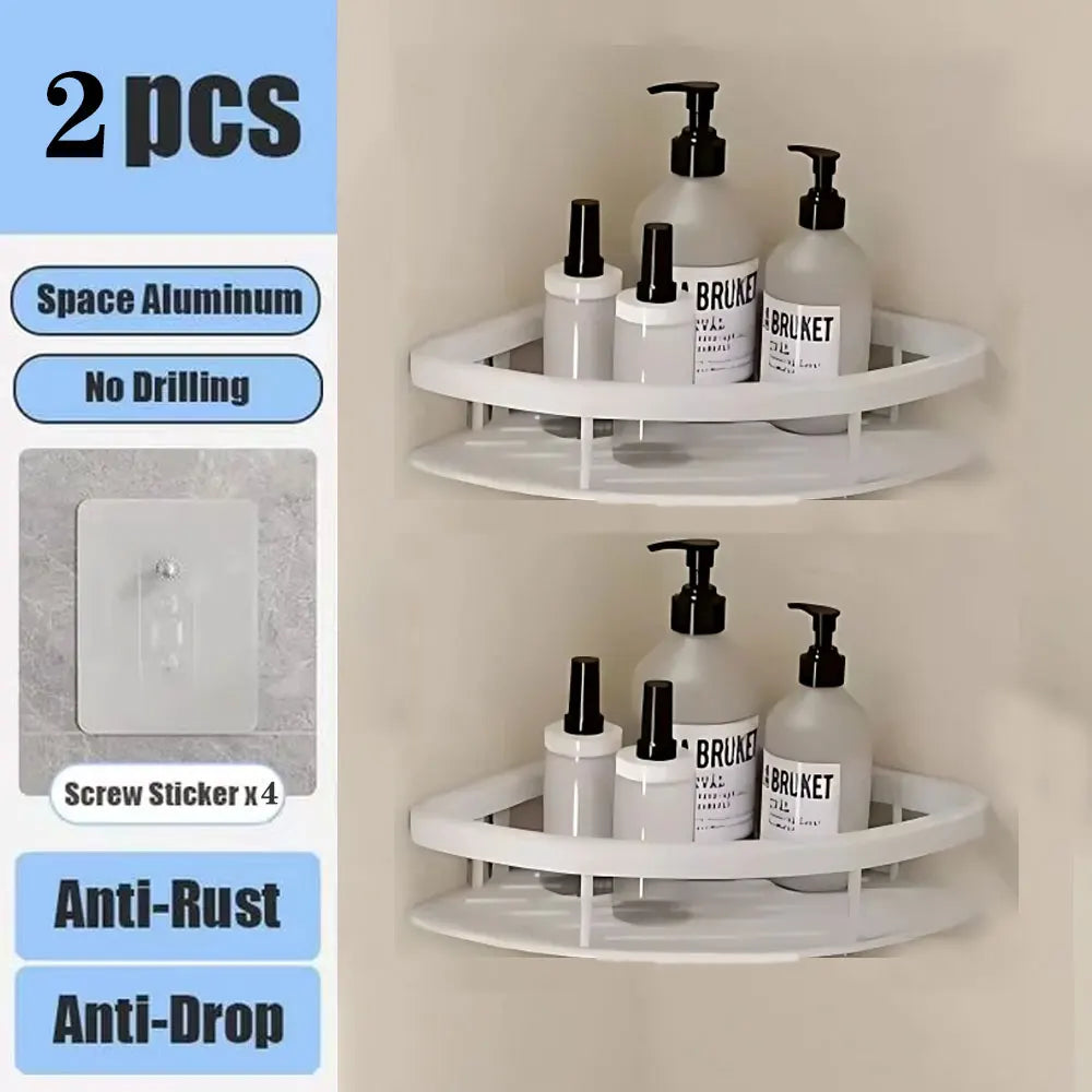 Bathroom Shelf No Drill Wall Mounted Shampoo Bottle Shower Corner Rack Toilet Storage Rack Aluminum Bathroom Kitchen Accessories white Triangle 2pcs