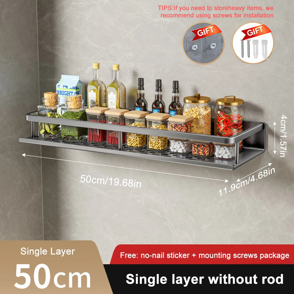 Wall-Mounted Kitchen Spice Rack Organizer Carbon Steel No Drilling 12-20 Inch Seasoning Holder Shelf for Easy Access to Spices 50cm