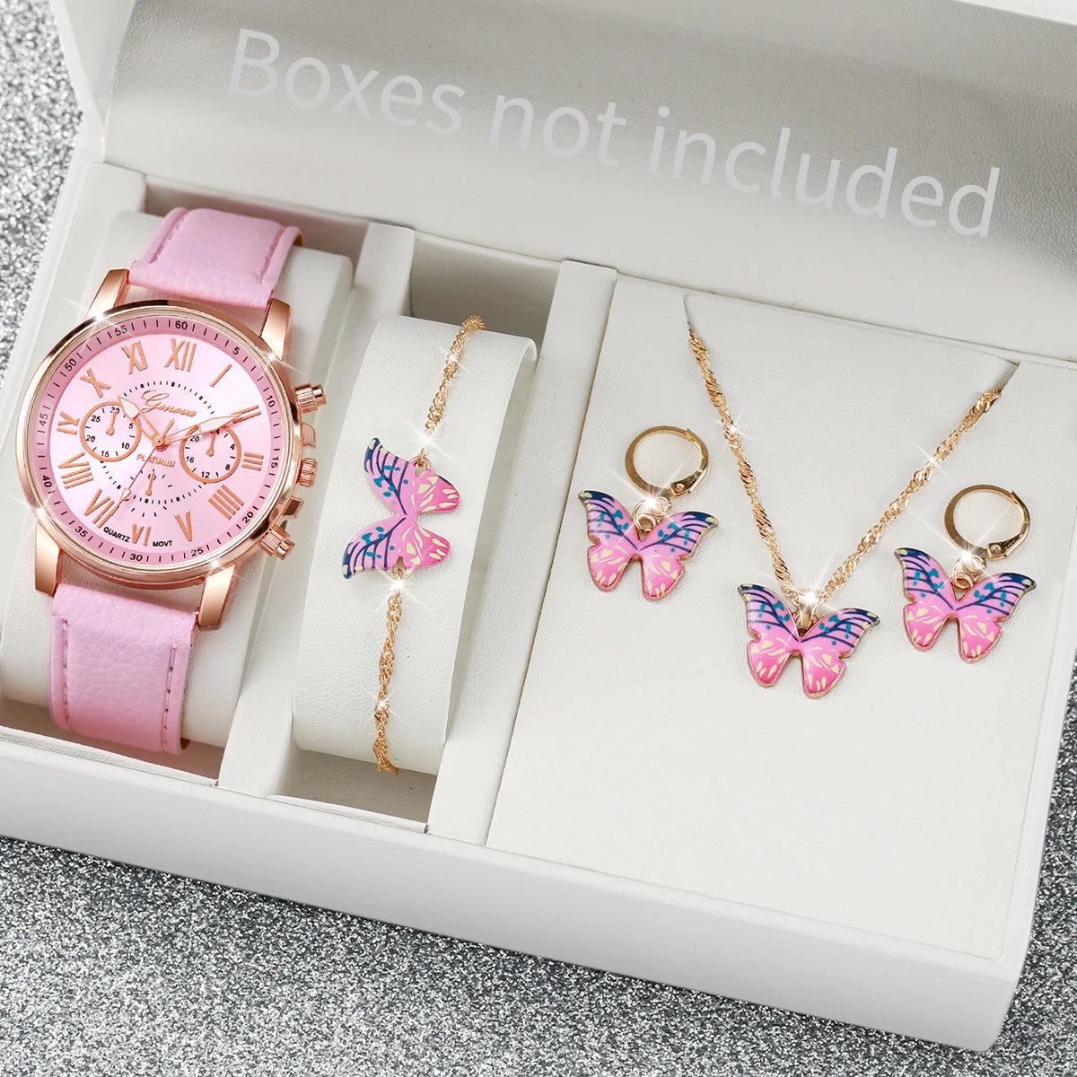 5/6PCS Fashion Women's Quartz Watch Leather Band Analog Wrist Watches Heart Rhinestone Jewelry Set(Without Box) H Without Box