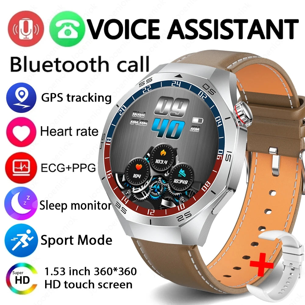 2025 New GT5 Pro GPS Track Smart Watch Men 360*360 AMOLED Screen NFC BT Call Waterproof Health Monitor Man Smartwatches IOS brown belt