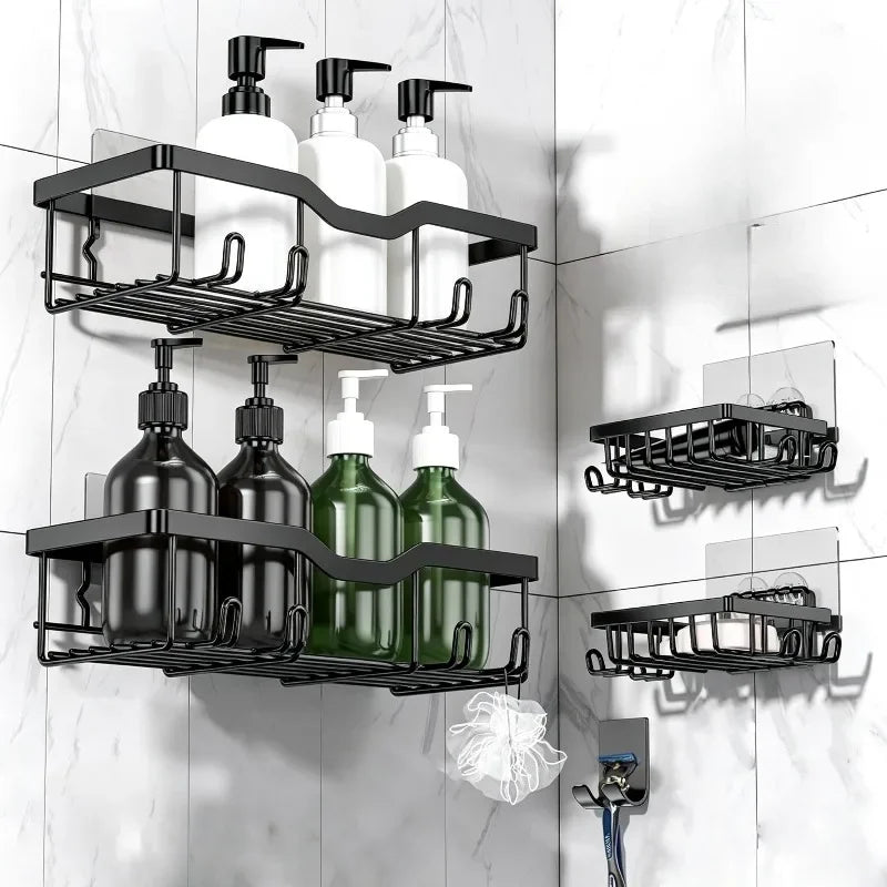 Iron No Drill Shower Caddy with Drainage and Storage Hooks