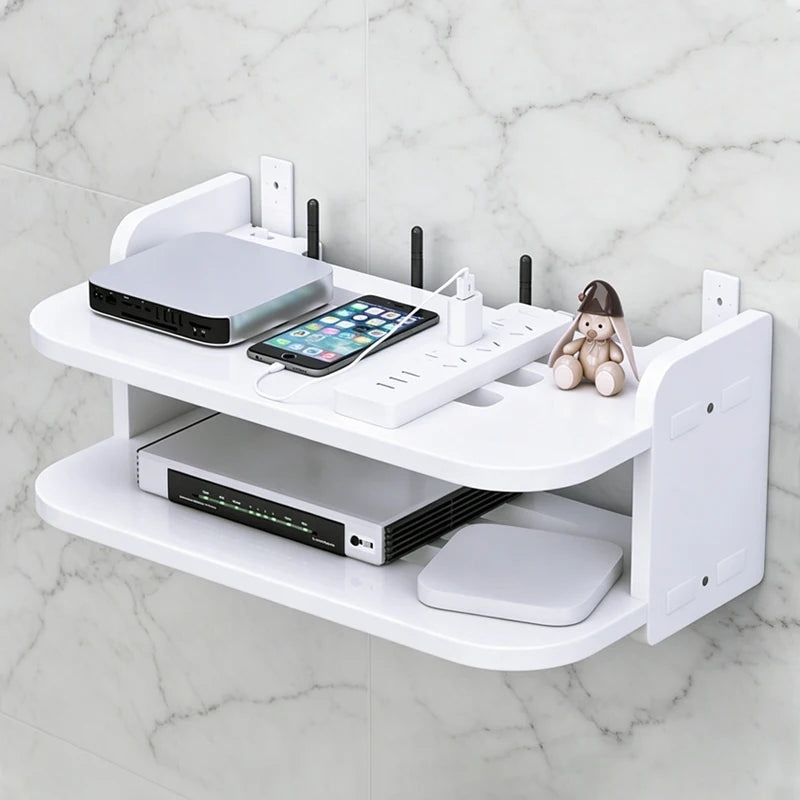 2 Tier Wall Mounted Router Shelf with Hooks for Cables and TV Box