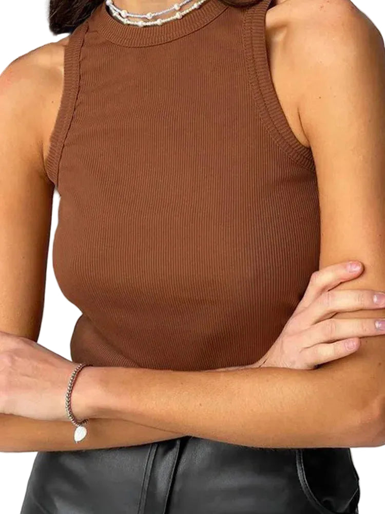 Ribbed Knit Tank Top Women – Sleeveless Summer Vest Top Brown