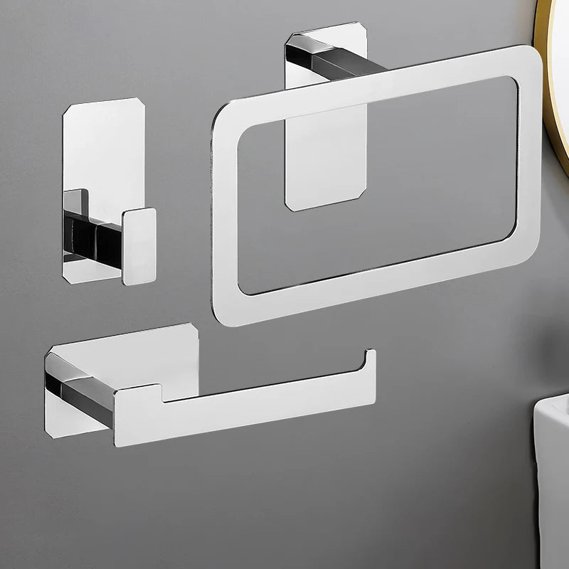 No Drilling Matte Black Bright Sliver Stainless Steel Towel Bar Towel Ring Roll Paper Holder Robe Hook Bathroom Accessories Set Sliver 3pcs Set