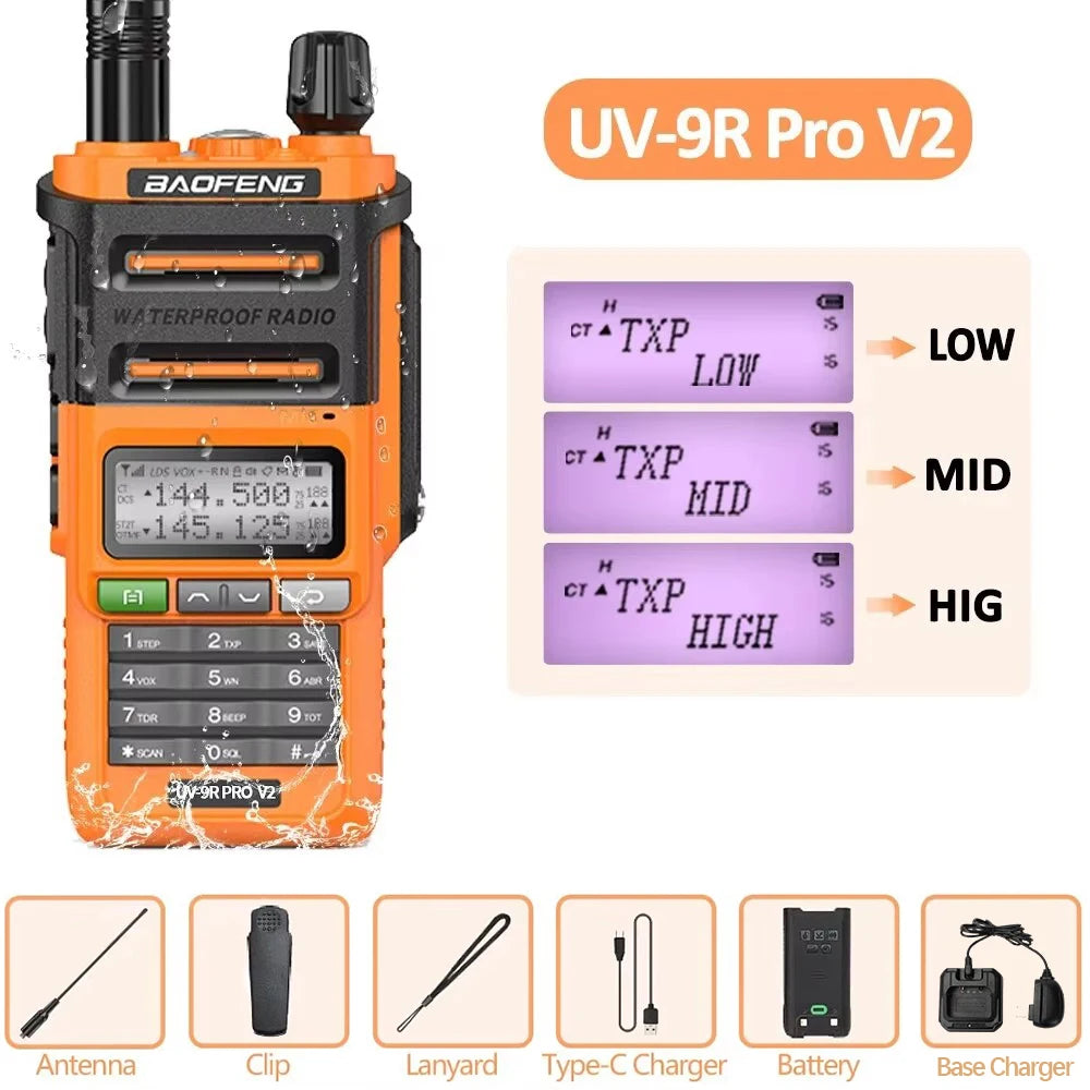 Baofeng UV 9R Pro V2 IP68 Waterproof Walkie Talkie Tri-Power Type-C Charger Dual Band Ham CB Radio Two Way Radio of UV 9R Plus Orange